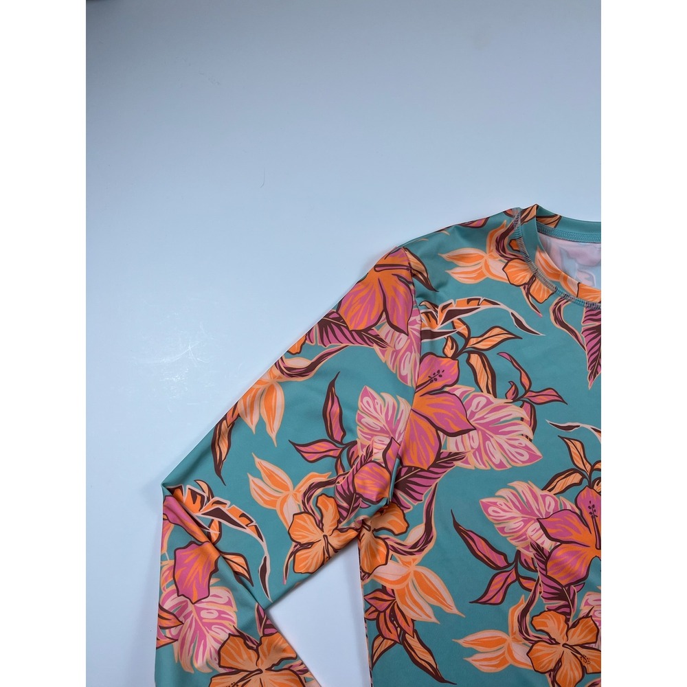 Roxy Womens Long Sleeve Rash Guard Teal Orange Pink Hibiscus Floral Swim Top M - Picture 2 of 12